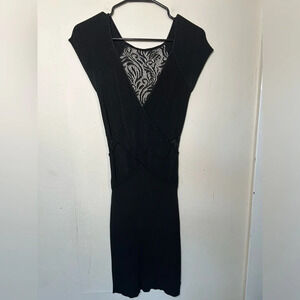 Bebe Black Deep V-Neck Stretchy Bodycon Lace Back Cocktail Mini Dress Sz Medium